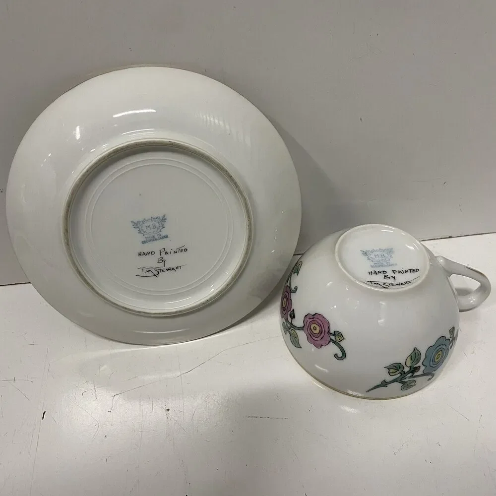 Vintage Tea Cup & Saucer Handpainted OCCUPIED JAPAN M.B. 1940s Floral Gold Trim